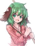  1girl :d absurdres animal_ears blush broom dio_uryyy dress fang green_eyes green_hair highres kasodani_kyouko long_sleeves looking_at_viewer open_mouth pink_dress short_hair simple_background smile solo touhou upper_body white_background 