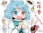  1girl blue_hair blush commentary heart heart-shaped_pupils heterochromia katsu_(food) okonomiyaki popsicle saliva short_hair solo symbol-shaped_pupils takoyaki tatara_kogasa touhou translated vest yuzuna99 