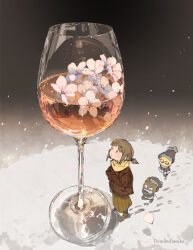  1girl artist_name beanie brown_eyes brown_hair brown_jacket brown_skirt commentary_request creature cup demizu_posuka drink drinking_glass flower food food_focus hat highres jacket original pom_pom_(clothes) pom_pom_beanie ponytail short_ponytail skirt wine_glass 