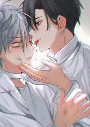 2boys alien_stage black_eyes black_hair blood blood_in_mouth chinese_commentary choker commentary_request dirty dirty_face fang green_eyes grey_hair hand_on_another's_chin highres ivan_(alien_stage) male_focus mikan_(artist) multiple_boys red_pupils shirt short_hair till_(alien_stage) tongue tongue_out very_short_hair white_choker white_shirt yaoi