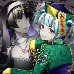  2girls black_gloves black_hair black_lips black_robe blue_hair candy capelet chaahan_(0421_han2) colored_skin cropped_jacket cross d.gray-man earrings facial_mark food forehead_mark gloves green_hat green_jacket grey_background grey_skin grin hair_between_eyes hair_ornament hair_over_shoulder hair_ribbon hairclip hat holding holding_cross jacket jewelry jiangshi lollipop long_hair long_sleeves looking_at_viewer low_ponytail lulu_bell mature_female medium_hair mimi_(d.gray-man) multiple_girls nun one_eye_closed pointy_ears ponytail pumpkin purple_background purple_ribbon purple_shirt purple_stripes red_eyes ribbon robe shirt short_twintails sidelocks signature smile star_(symbol) striped_clothes striped_hat striped_jacket stud_earrings third-party_source trick_or_treat twintails two-tone_background white_capelet white_wrist_cuffs wrist_cuffs yellow_eyes yellow_stripes 