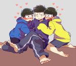  3boys arm_around_waist black_hair bowl_cut brothers crossed_legs drooling hand_on_thigh heart heart-shaped_pupils heart_in_mouth hoodie ichimatsu incest jyushimatsu karamatsu kneeling kuuya_(akagane001) messy_hair multiple_boys open_mouth osomatsu-kun osomatsu-san pants shorts siblings single_vertical_stripe sitting sleeves_past_wrists smile symbol-shaped_pupils track_pants yaoi 