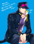  1boy black_hair chain clenched_teeth earrings gakuran green_eyes hat jewelry jojo_no_kimyou_na_bouken kbs kuujou_joutarou male_focus ribbon school_uniform sitting slouching solo sweatdrop translation_request 