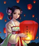  1girl black_hair breasts building chinese_clothes cleavage collarbone double_bun flower green_eyes hair_flower hair_ornament holding japanese_clothes lantern original saikac silhouette sky_lantern solo tanabata translation_request 