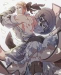  1boy armor backless blonde_hair blue_eyes captain_america cosplay detached_sleeves fate/stay_night fate/unlimited_codes fate_(series) garter_straps gauntlets greaves hair_ribbon jo_(artist) manly marvel ribbon saber saber_lily saber_lily_(cosplay) short_hair solo steve_rogers thigh-highs 