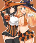  2girls alternate_costume aqua_eyes atago_(kantai_collection) black_gloves black_hair black_legwear blonde_hair breasts cleavage elbow_gloves gloves halloween hat highres index_finger_raised jack-o&#039;-lantern kantai_collection large_breasts long_hair looking_at_viewer marimo_maru midriff multiple_girls navel open_mouth outstretched_arm red_eyes short_hair skindentation takao_(kantai_collection) thigh-highs white_gloves witch_hat 