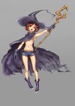 1girl absurdres artist_request berserk boots brown_hair cape gloves grey_background hat highres navel open_mouth schierke short_hair short_shorts shorts solo staff topless witch witch_hat 