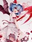  1girl bat_wings blood blood_on_face blue_hair fangs folded_leg gradient gradient_background grey_background hat hat_ribbon injury looking_at_viewer mob_cap open_mouth petals red_eyes remilia_scarlet ribbon rose_petals short_hair short_sleeves simple_background skirt skirt_set slit_pupils solo spear_the_gungnir tapuri_(hurleyx) touhou tube_socks wings wrist_cuffs 