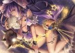 1girl ball bangs bra breasts choker cleavage closed_mouth cross-laced_clothes detached_sleeves earrings eyeball flower flying fuu_kotora halloween holding_staff jack-o&#039;-lantern jewelry lace-trimmed_sleeves lipstick long_hair makeup nail_polish navel one_eye_closed original panties pom_pom_(clothes) purple_flower purple_hair purple_nails purple_rose riding rose skull smile solo spikes staff star thighlet underwear very_long_hair violet_eyes witch wrist_cuffs 