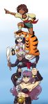  1boy 3girls abs absurdres ajna_(indivisible) anaugi anger_vein ankle_wraps bracelet breastplate commentary dhar_(indivisible) highres human_tower indivisible jewelry lantern multiple_girls muscle phoebe_(indivisible) razmi_(indivisible) sandals scar stacking tiger_pelt 