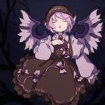  1girl animal_ears bird_wings brown_dress brown_headwear closed_eyes commentary_request cowboy_shot dress grey_background hand_up highres kaigen_1025 long_sleeves music mystia_lorelei open_mouth pink_hair puffy_sleeves red_nails short_hair singing touhou very_long_fingernails wings 
