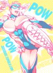  1boy adapted_costume blonde_hair blue_eyes breasts captain_america cosplay head_wings high_kick huge_breasts jo_(artist) kicking leotard manly marvel mask muscle parody pectorals rainbow_mika rainbow_mika_(cosplay) solo steve_rogers street_fighter wrestling_outfit 