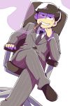 1boy black_hair business_suit chair cigar crossed_legs dutch_angle formal grin ichimatsu male_focus messy_hair necktie office_chair osomatsu-kun osomatsu-san shaded_face simple_background sitting smile smoking solo suit white_background 