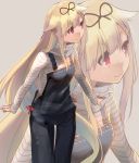  1girl :3 alternate_costume blonde_hair chig_(mizusaki) grey_background hair_flaps hair_ribbon kantai_collection long_hair long_sleeves looking_to_the_side overalls red_eyes remodel_(kantai_collection) ribbon shirt simple_background solo striped striped_shirt suspenders thigh_gap very_long_hair yuudachi_(kantai_collection) zoom_layer 