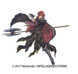  1boy armor armored_boots axe boots copyright_notice fire_emblem fire_emblem:_mystery_of_the_emblem fire_emblem_heroes full_body gloves izuka_daisuke long_hair male_focus michalis_(fire_emblem) official_art red_eyes red_hair solo weapon white_background 