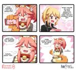  2girls 4koma ;3 alternate_costume animal_ear_fluff animal_ears apron bell bell_collar blonde_hair breasts cat_hair_ornament cat_paws cellphone cleavage closed_eyes collar comic english_text enmaided fangs fate/grand_order fate_(series) fire fox_ears fox_tail gloves hair_ornament hair_ribbon highres jingle_bell keita_naruzawa large_breasts long_hair maid maid_apron maid_headdress multiple_girls one_eye_closed open_mouth paw_gloves paw_shoes paws phone pink_hair ponytail red_ribbon ribbon shoes sleeping smartphone speech_bubble tail tamamo_(fate)_(all) tamamo_cat_(fate) uniform waist_apron yellow_eyes 
