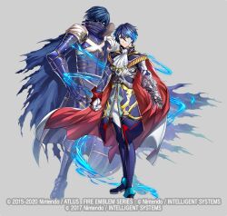  2boys aoi_itsuki armored_boots belt blue_eyes blue_hair boots cape chrom_(fire_emblem) copyright_notice epaulettes facial_mark fire_emblem fire_emblem_heroes full_body gloves grey_background male_focus mikurou_(nayuta) multiple_boys official_art tokyo_mirage_sessions_fe 