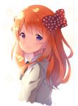  1girl bangs blazer blush bow bowtie from_side gekkan_shoujo_nozaki-kun hair_bow hitsukuya long_hair looking_at_viewer orange_hair polka_dot polka_dot_bow sakura_chiyo school_uniform smile solo swept_bangs upper_body violet_eyes 