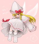  1girl blonde_hair blush bow capelet dress fairy_wings hat hat_bow lily_white long_hair long_sleeves looking_at_viewer monrooru musical_note no_shoes open_mouth red_eyes solo spoken_musical_note touhou very_long_hair white_dress wide_sleeves wings 