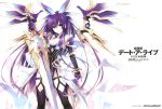  1girl armor black_legwear bow breasts cleavage date_a_live garter_belt gloves hair_bow highres long_hair mechanical_wings official_art purple_hair solo sword thigh_strap tsunako very_long_hair violet_eyes weapon wings yatogami_tooka 