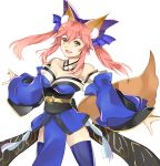 1girl animal_ears bare_shoulders blue_legwear bow breasts caster_(fate/extra) cleavage collarbone detached_sleeves fang fate/extra fate/stay_night fate_(series) fox_ears fox_tail hair_bow hair_ribbon japanese_clothes l_(nanaki_0524) long_hair looking_at_viewer open_mouth pink_hair ribbon simple_background solo tail thigh-highs twintails white_background yellow_eyes 