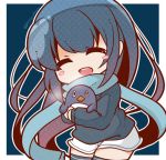  1girl ^_^ bangs bird bloom2425 blue_hair blue_scarf blue_sweater chibi closed_eyes failure_penguin gradient_hair kantai_collection long_hair long_sleeves multicolored_hair object_hug open_mouth penguin samidare_(kantai_collection) scarf school_uniform serafuku simple_background skirt smile solo stuffed_toy sweater swept_bangs thigh-highs twitter_username very_long_hair zettai_ryouiki 