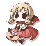  1girl alternate_costume aoblue bag blonde_hair blush_stickers cape charlotte_(madoka_magica) commentary_request drill_hair looking_at_viewer mahou_shoujo_madoka_magica open_mouth smile tomoe_mami 