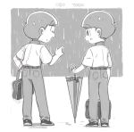  2boys bowl_cut brothers character_name closed_eyes from_behind greyscale index_finger_raised male_focus monochrome mua_(sleeping_earth) multiple_boys osomatsu-kun osomatsu-san osomatsu_(osomatsu-kun) rain school_uniform siblings smile todomatsu umbrella younger 