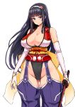  1girl bare_shoulders black_hair blue_eyes blush breasts cleavage elbow_gloves food fruit gloves groin hair_ornament hairband hairclip highleg ishimura_(ishimura-ya) large_breasts long_hair looking_at_viewer original peach solo sword thighs weapon 