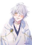  1boy blush hiwakana6121 hood japanese_clothes male_focus one_eye_closed smile touken_ranbu tsurumaru_kuninaga upper_body white_hair yellow_eyes 