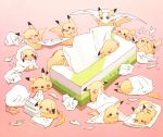 &gt;_&lt; :3 ^_^ biting blanket blush_stickers cape chewing closed_eyes gradient gradient_background happy lying mask no_humans on_side on_stomach pachipachi326 paper_airplane pikachu pokemon pokemon_(creature) pulling sitting sleeping tearing_paper text tissue tissue_box too_many too_many_pikachu upside-down 