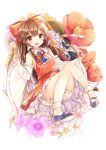 1girl ascot bloomers bow brown_hair detached_sleeves flower gohei hair_bow hair_tubes hakurei_reimu long_sleeves mary_janes open_mouth red_eyes ribbon-trimmed_sleeves ribbon_trim sarashi shinoba shirt shoes skirt skirt_set smile solo spell_card touhou underwear upskirt wide_sleeves 