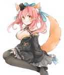  1girl animal_ears bare_shoulders bow breasts caster_(fate/extra) cleavage fate/extra fate/grand_order fate_(series) fox_ears fox_tail hair_bow hair_ribbon pink_hair ribbon rinchu solo tail thigh-highs twintails yellow_eyes 
