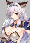  1girl animal_ears arm_guards armor armpits artist_name blush bowtie breasts brown_eyes cleavage eyes_visible_through_hair gem gloves granblue_fantasy grey_background hair_between_eyes hair_tubes hair_twirling hairband heles highres jewelry kurifuto long_hair looking_at_viewer parted_lips sapphire_(stone) shoulder_pads silver_hair simple_background solo twitter_username upper_body very_long_hair white_gloves 