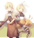  1boy 1girl ahoge blonde_hair blue_eyes bow brother_and_sister bubble_skirt candy cape cravat hair_bow halloween iritoa kagamine_len kagamine_rin lollipop one_eye_closed ponytail popped_collar short_hair siblings skirt smile striped striped_legwear thigh-highs twins vocaloid 