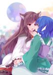  2girls animal_ears blue_eyes blue_hair blush couple eye_contact head_fins highres holding_hands imaizumi_kagerou japa long_hair looking_at_another mermaid monster_girl multiple_girls open_mouth red_eyes short_hair touhou wakasagihime yuri 