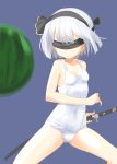  1girl blindfold collarbone fighting_stance food fruit hair_ribbon katana konpaku_youmu revision ribbon school_swimsuit short_hair silver_hair solo swimsuit sword taishi_(moriverine) touhou watermelon weapon white_school_swimsuit white_swimsuit 