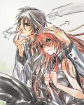 1boy 1girl aria_(guilty_gear) black_hair blue_eyes blush breasts cigarette couple crying crying_with_eyes_open guilty_gear hand_on_another&#039;s_head labcoat long_hair necktie oro_(sumakaita) redhead smoking sol_badguy tears younger 