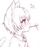  1girl animal_ears blush cat_ears cat_tail dated kida_kuro_mu monochrome original pocky pocky_day shiro_(kida_kuro_mu) short_hair simple_background tail white_background 