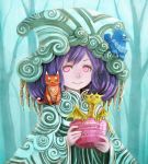  1girl animal_on_head animal_on_shoulder bird bird_on_head bowl cat dragon fantasy headwear highres looking_at_viewer matagiro mole mole_under_eye original pink_eyes purple_hair tagme tassel upper_body 