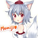  1girl animal_ears blush breasts chako_(chakoxxx) character_name detached_sleeves hat heart inubashiri_momiji looking_at_viewer open_mouth red_eyes short_hair silver_hair simple_background solo tail tokin_hat touhou white_background wolf_ears wolf_tail 