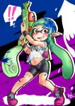  !! 1girl bike_shorts blush domino_mask fangs green_hair holding_weapon inkling jacket long_hair looking_at_viewer mask navel open_clothes open_jacket open_mouth paint_splatter pointy_ears print_shirt shirotake_jinan shirt shoes signature single_vertical_stripe sketch smile sneakers solo splatoon squid standing super_soaker tentacle_hair violet_eyes white_shirt 