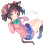  1girl animal_ears black_hair black_legwear blush bow bowtie cardigan cat_ears cat_tail full_body hair_bow heart hitsukuya kemonomimi_mode kneehighs long_sleeves looking_at_viewer love_live!_school_idol_project miniskirt paw_pose plaid plaid_skirt red_eyes school_uniform simple_background skirt solo striped striped_bow striped_bowtie tail text twintails white_background yazawa_nico 