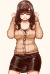  1girl bangs black_skirt breasts brown_eyes brown_hair glasses highres kamisuki large_breasts miniskirt original plump skirt smile sweater 