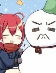  1girl :d alternate_costume commentary_request engiyoshi i-168_(kantai_collection) kantai_collection long_hair long_sleeves mittens open_mouth redhead smile snow snowman solo 