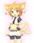  animal_ears bike_shorts blue_eyes blush borrowed_character commentary_request fingerless_gloves furry gloves hands_on_hips kida_kuro_mu midriff multiple_tails open_mouth original short_hair skirt smile solo tail 