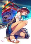  1girl camera glasses hat looking_at_viewer one_knee_up pantyhose sandals sheer_legwear shoken_narai skirt straw_hat train 