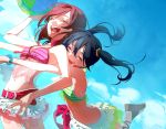  2girls :d ^_^ ball bangs beachball beads belt bikini_top black_hair blue_sky bow bracelet closed_eyes dutch_angle earrings flat_chest g.g.lemon glomp hair_between_eyes hair_ornament happy hug jewelry long_hair love_live!_school_idol_project midriff multiple_girls natsuiro_egao_de_1_2_jump! navel nishikino_maki open_mouth outdoors pounce redhead see-through skirt sky small_breasts smile socks star star_earrings striped swept_bangs twintails white_legwear yazawa_nico 