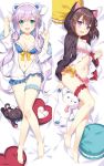  2girls :d animal_hood anklet babydoll barefoot bed_sheet bell black_jacket blue_eyes bow bow_bra bra breasts brown_hair cat_hood choker cleavage dakimakura frills hair_ornament hairclip heart heart_pillow hood jacket jewelry jingle_bell leg_garter long_hair long_sleeves looking_at_viewer lying multiple_girls navel on_back on_bed open_clothes open_jacket open_mouth original panties pantyshot paw_pose pillow purple_hair rie_(reverie) smile stuffed_animal stuffed_toy underwear unzipped very_long_hair violet_eyes wavy_mouth white_jacket white_panties zipper 