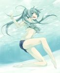  1girl air_bubble bare_legs blue_hair breath bubble feet freediving hide38 holding_breath long_hair official_art ponytail seabed shorts swimming swimsuit takako_(seabed) underwater water 